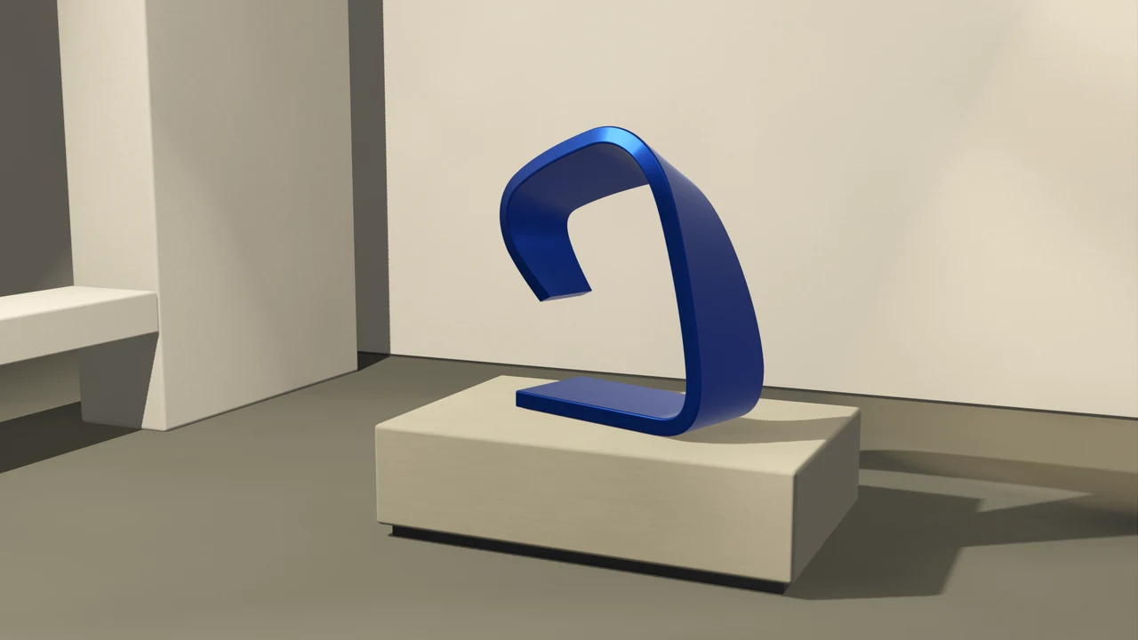 A folded cobalt sculpture on a limestone plinth in an ivory atelier with directional light.